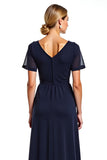 Navy Sheath V-Neck Short Sleeves Chiffon Long Mother of the Bride Dress