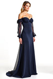 Navy Sheath Ruffle Off the Shoulder Chiffon Mother of the Bride Dress with Long Sleeves