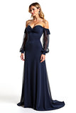 Navy Sheath Ruffle Off the Shoulder Chiffon Mother of the Bride Dress with Long Sleeves