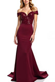 Sparkly Burgundy Sheath Off the Shoulder Long Mother of the Bride Dress with Sequins