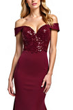 Sparkly Burgundy Sheath Off the Shoulder Long Mother of the Bride Dress with Sequins