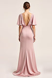 Dusty Rose V-Neck Satin Half Sleeves Long Bridesmaid Dress with Slit