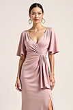 Dusty Rose V-Neck Satin Half Sleeves Long Bridesmaid Dress with Slit