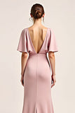 Dusty Rose V-Neck Satin Half Sleeves Long Bridesmaid Dress with Slit