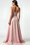 Sparkly Dusty Rose Spaghetti Straps Beaded Long Wedding Guest Dress