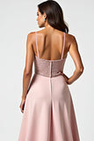 Sparkly Dusty Rose Spaghetti Straps Beaded Long Wedding Guest Dress