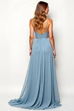 Grey Blue Chiffon A Line Long Wedding Guest Dress with Beadings