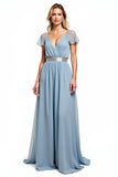 A Line Dusty Blue V-Neck Wedding Guest Dress with Short Sleeves