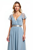 A Line Dusty Blue V-Neck Wedding Guest Dress with Short Sleeves