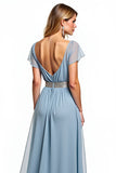 A Line Dusty Blue V-Neck Wedding Guest Dress with Short Sleeves