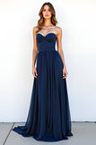 Navy A Line Sweetheart Long Wedding Guest Dress