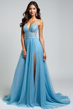 Light Blue A Line Spaghetti Straps Lace Long Wedding Guest Dress With Slit