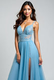 Light Blue A Line Spaghetti Straps Lace Long Wedding Guest Dress With Slit