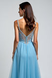 Light Blue A Line Spaghetti Straps Lace Long Wedding Guest Dress With Slit