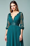 Peacock A-Line V-Neck Long Sleeves Long Formal Dress with Lace