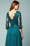 Peacock A-Line V-Neck Long Sleeves Long Formal Dress with Lace