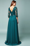 Peacock A-Line V-Neck Long Sleeves Long Formal Dress with Lace