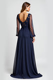 Navy A-Line V-Neck Chiffon Long Sleeves Mother of the Bride Dress with Slit