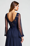 Navy A-Line V-Neck Chiffon Long Sleeves Mother of the Bride Dress with Slit