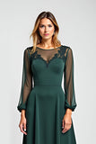 Pine A-Line Chiffon Long Sleeves Mother of the Bride Dress with Lace