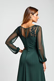 Pine A-Line Chiffon Long Sleeves Mother of the Bride Dress with Lace