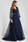 Navy A-Line V-Neck Long Sleeves Chiffon Mother of the Bride Dress with Lace