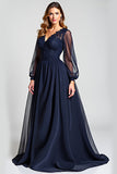 Navy A-Line V-Neck Long Sleeves Chiffon Mother of the Bride Dress with Lace