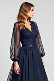 Navy A-Line V-Neck Long Sleeves Chiffon Mother of the Bride Dress with Lace