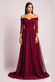 Elegant Burgundy A Line Off the Shoulder Mother of the Bride Dress with Long Sleeves