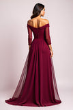 Elegant Burgundy A Line Off the Shoulder Mother of the Bride Dress with Long Sleeves