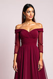 Elegant Burgundy A Line Off the Shoulder Mother of the Bride Dress with Long Sleeves