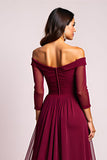 Elegant Burgundy A Line Off the Shoulder Mother of the Bride Dress with Long Sleeves