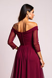 Elegant Burgundy A Line Off the Shoulder Mother of the Bride Dress with Long Sleeves