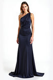 Mermaid Navy One Shoulder Long Satin Formal Dress