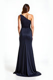 Mermaid Navy One Shoulder Long Satin Formal Dress