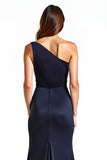 Mermaid Navy One Shoulder Long Satin Formal Dress