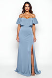 Dusty Blue Sheath Off The Shoulder Long Bridesmaid Dress With Slit