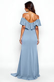 Dusty Blue Sheath Off The Shoulder Long Bridesmaid Dress With Slit