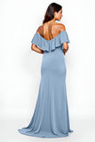 Dusty Blue Sheath Off The Shoulder Long Bridesmaid Dress With Slit