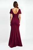 Burgundy Sheath V Neck Short Sleeve Long Formal Dress