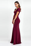 Burgundy Sheath V Neck Short Sleeve Long Formal Dress