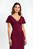 Burgundy Sheath V Neck Short Sleeve Long Formal Dress