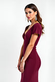 Burgundy Sheath V Neck Short Sleeve Long Formal Dress