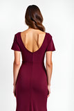 Burgundy Sheath V Neck Short Sleeve Long Formal Dress