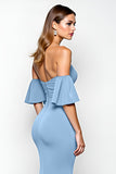 Dusty Blue Mermaid Off The Shoulder Ruched Long Formal Dress