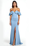 Dusty Blue Mermaid Ruffle Off the Shoulder Long Wedding Guest Dress with Slit