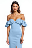 Dusty Blue Mermaid Ruffle Off the Shoulder Long Wedding Guest Dress with Slit