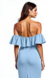 Dusty Blue Mermaid Ruffle Off the Shoulder Long Wedding Guest Dress with Slit