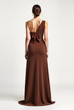 Brown Sheath One Shoulder Long Formal Dress With Bow