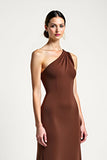 Brown Sheath One Shoulder Long Formal Dress With Bow